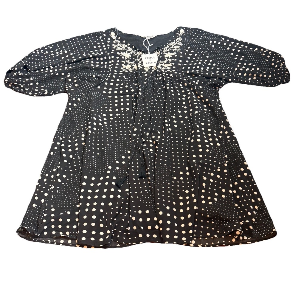 Davi & Dani Polka Dot Mini Dress Tunic Embroidered V-Neck Black White Size S
